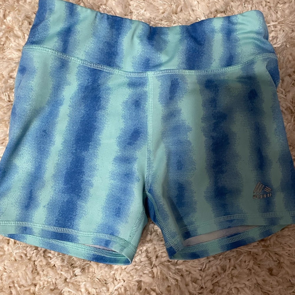 blue athletic spandex shorts, size youth 12, stretchy